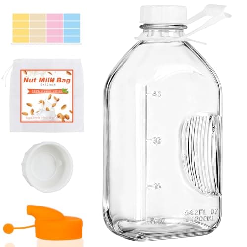 Best Glass Milk Bottles #2 from CARBLIN 2 Quart (64 Oz) Glass Milk Bottle with Handle, Water Jug with Scale/Nut Milk Bag/Pour Spout/Airtight Lid, Reusable Carafe Container Pitcher for Milk, Tea, Juice, Coffee Beverage-1/2 Gal 1 Pack