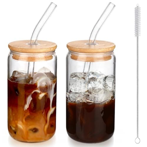 Best Glass Cups #10 from DWTS DANWEITESI DWTS DANWEITESI Iced Coffee Cups with Lids 2 pcs,16 oz Glass Cups with Lids and Straws as Coffee Bar Accessories,Beer Drinking Glasses,Reusable Glass Tumbler,Cute Coffee Cups for Coffee, Juice, Gifts
