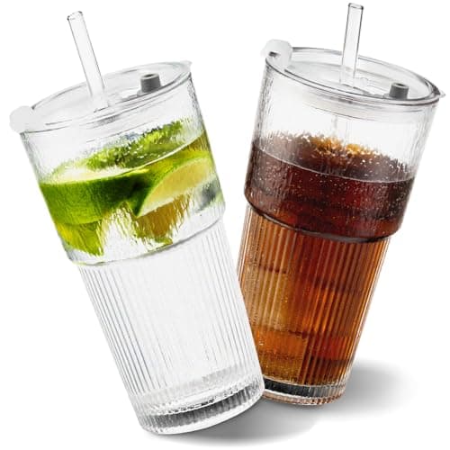 Best Glass Cups #5 from TCZXUNDADA TCZXUNDADA 18oz Glass Tumblers with Lids and Straws, Set of 2 - Stylish Vintage Ribbed Design for Iced Coffee, Juice, Smoothies, Milkshakes, Cocktails & More - Perfect for Daily Use