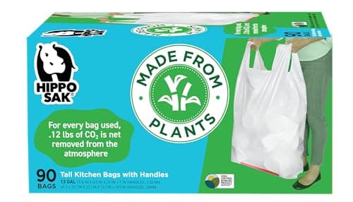 Best Biodegradable garbage bags #2 from Hippo Sak Hippo Sak - Plant Based Tall Kitchen Garbage Bags with Ergonomic Handles - 13 Gallon Trash Bags - Recyclable & Eco Friendly - Super Strong and Leak Proof Tall Kitchen Trash Bags (90 Count)