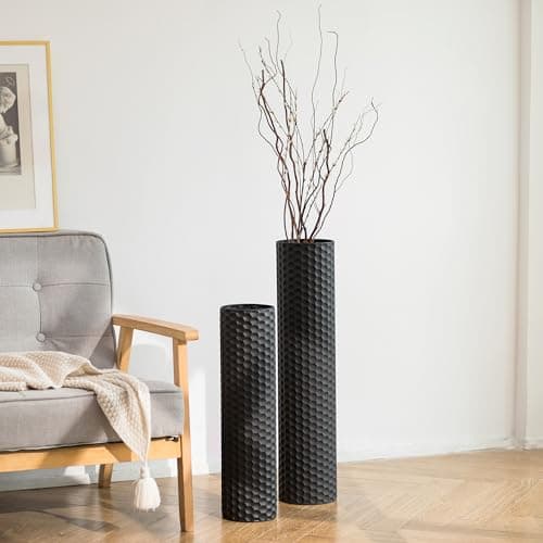 Best Black Vases #8 from Sziqiqi Sziqiqi Black Cylinder Tall Floor Vase: 27.6/21.7in Metal Extra Large Decorative Vase Set of 2 Living Room Modern Honeycomb Texture Big Standing Vase for Dining Bedroom Home Corner Indoor Office