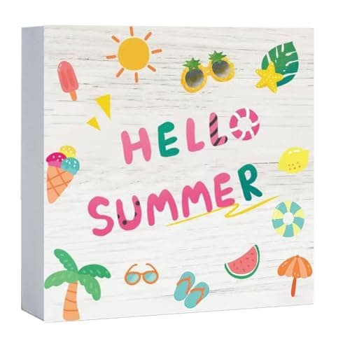 Best Summer Decors #9 from LaZimnInc Summer Decorations for Home, Farmhouse Desk Decoration Wooden Box Sign 6 x 6 inches, Hello Summer Sun Ice Cream Fruits Leaves Sign Decor for Home Office Desk Tabletop Shelf