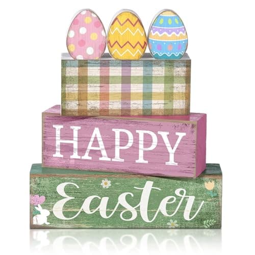 Best Easter Decorations #5 from Lineshading Lineshading 4 Pcs Easter Table Decoration Wooden Eggs Happy Easter Day Tiered Tray Decor Eggs Centerpieces Decorative Colorful Egg Block Signs Gift Farmhouse for Holy Week Home Kitchen Party Decor