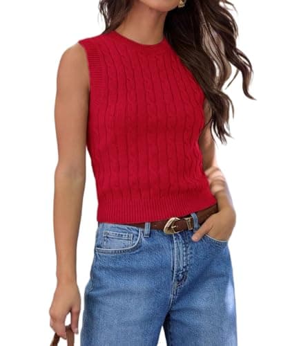 Best Knitted Crop Tops for Summer #2 from Ezbelle Ezbelle Women's Crop Tank Tops Cable Knit Sweater Summer Shirts Work Clothes Trendy Country Concert Tops Sleeveless Coat Red M