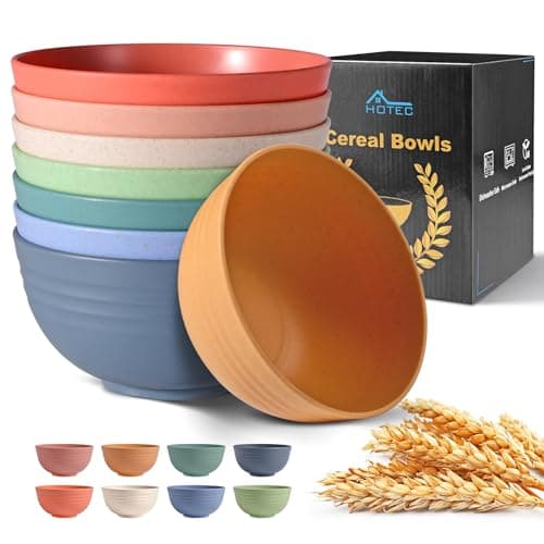 Best Soup Bowls #8 from HOTEC HOTEC BPA Free Unbreakable Wheat Straw Cereal Bowls - Microwave & Dishwasher Safe Soup and Salad Bowls, Set of 8, 26oz, Multicolor