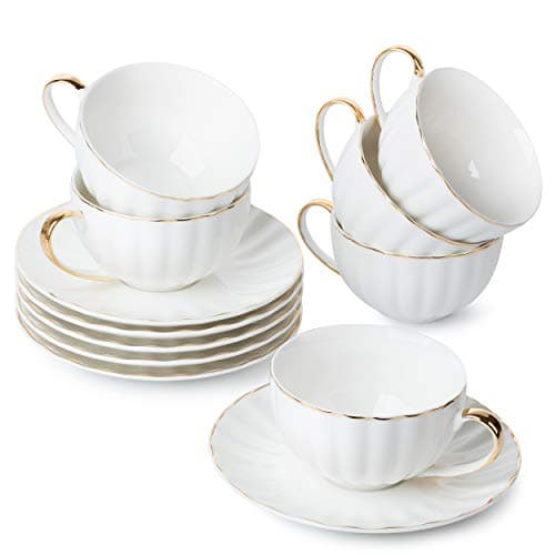 Best White Tea Cups #10 from Brew To A Tea BTaT- White Tea Cups and Saucers Set of 6 (7 oz), Porcelain White Tea Cup Set with Golden Trim Design, Dishwasher Safe, Christmas Gifts