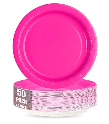 Best Pink Paper Plates #9 from CLIYTICA CLIYTICA 10inch Hot Pink Paper Plates,Disposable Party Dinner Plates,50PCS for Birthday,Girls Day,Baptism,Holiday Celebrations