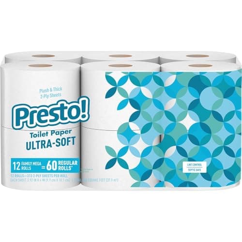 Best Toilet Papers #6 from Presto! Amazon Brand - Presto! 2-Ply Ultra-Soft Toilet Paper, 12 Family Mega Rolls = 60 regular rolls, 12 Count, Unscented