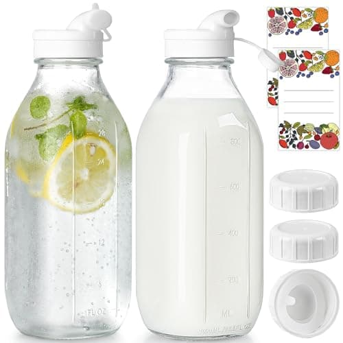 Best Glass Milk Bottles #7 from Syntic 2 Pack Glass Milk Bottle with 2 Dispenser Caps, 100% Airtight Heavy Duty Screw Lid. 32 Oz Reusable Glass Water Jug with 3 Lids! Breast Milk Pitcher, Buttermilk, Nut, Juice, Syrup, Coffee Creamer