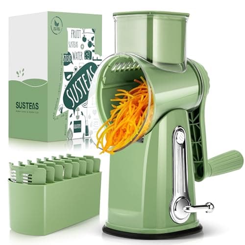 Best Cheese Graters #7 from SUSTEAS SUSTEAS Rotary Cheese Grater with Handle - Vegetable Shredder with 5 Well-designed Blades & Strong Suction Base,Round Mandoline Slicer & Food Chopper for Kitchen,with Blade Storage Box(Retro Green)