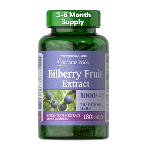 Best Bilberry Supplements #5 from Puritan's Pride Puritan's Pride Premium Bilberry Fruit Extract 250 mg (1000mg Equivalent), 4:1 Concentrated Herbal Supplement, Vitamin C, 3 to 6 Month Supply, 180 Rapid Release Softgels(Packaging May Vary)