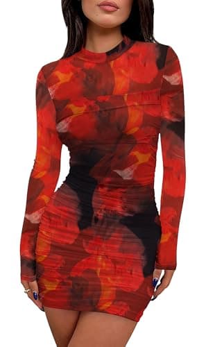 Best Red Dresses for Women #1 from WIHOLL Women's Y2K Floral Print Mesh Sheer Long Sleeve Mini Dress Ruched Bodycon Sexy Mock Neck Party Club Dresses Date Night Valentine’s Day Birthday Dinner Girls Dresses Fall 2025 Red M
