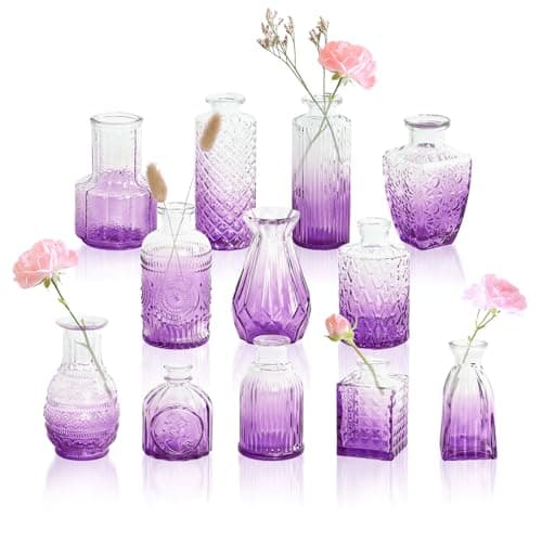 Best Small Glass Vases #8 from GarDream GarDream Amethyst Purple Ombré Glass Bud Vases Set of 12, Vintage Small Flower Vases for Centerpiece, Boho Wedding, Party, Baby Shower, Embossed Assorted Tiny Vase Bulk for Table, Mantel, Home Decor