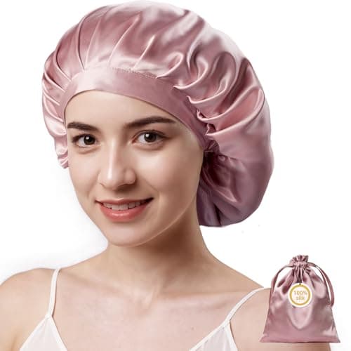 Best Silk Bonnet for Sleeping #8 from Kaome Kaome 100% Mulberry Silk Bonnet for Sleeping Women, 22 Momme Double Layer Silk Hair Wrap, Non-Slip Sleep Cap with Adjustable Elastic Band for Long Curly Hair Care, Comfortable and Breathable, Pink