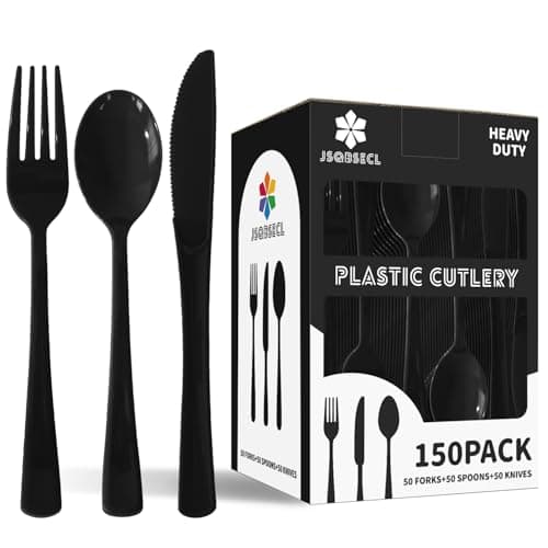 Best Black Plastic Silverwares #10 from JSQBSECL 150 Pack Plastic Silverware,Disposable Cutlery Set Heavy Duty Utensil Sets 50 Forks 50 Knives 50 Spoons for Brithday, Wedding,Home Office School Party Picnics (Black)