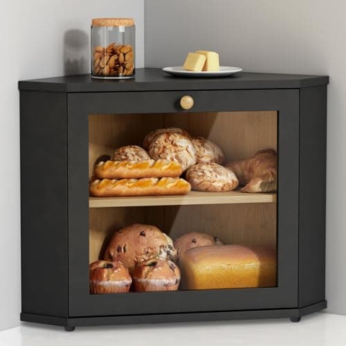 Best Bread Boxes #3 from Goozii Goozii Corner Bread Box for Kitchen Countertop, Black Bread Storage Container for Homemade Bread, Two Layer Breadbox under Cabinet Mount, Large Bread Holder for Kitchen Counter, Pantry Shelf