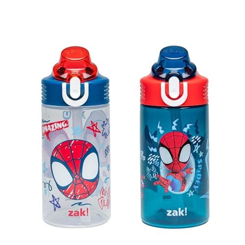 Best Kids Water Bottles #5 from Zak Designs Zak Designs Marvel Spider-Man Sage Kids Water Bottle For School or Travel, 16oz Durable Plastic Water Bottle With Straw, Handle, and Leak-Proof Spout Cover, 2-Pack (Spidey and His Amazing Friends)