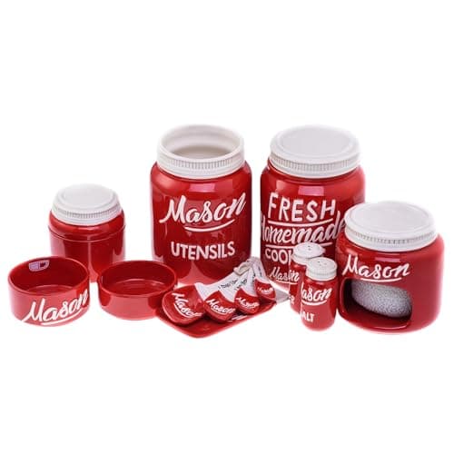 Best Salt and Pepper Shakers #7 from Goodscious Mason Jar Ceramic Canister Set, Farmhouse Canisters Sets for the Kitchen Decor, Utensil Holder, Spoon Rest, Cookie Jar, Salt & Pepper Shaker, Sponge Holder, Measuring Cups & Spoons (Red, 17-Pc Bundle)