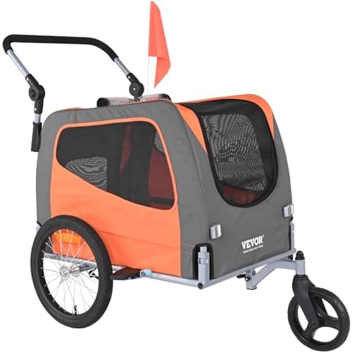 Best Bike Trailers for Dogs #2 from VEVOR VEVOR Dog Bike Trailer, Supports up to 66 lbs, 2-in-1 Pet Stroller Cart Bicycle Carrier, Easy Folding Cart Frame with Quick Release Wheels, Universal Bicycle Coupler, Reflectors, Flag, Orange/Gray