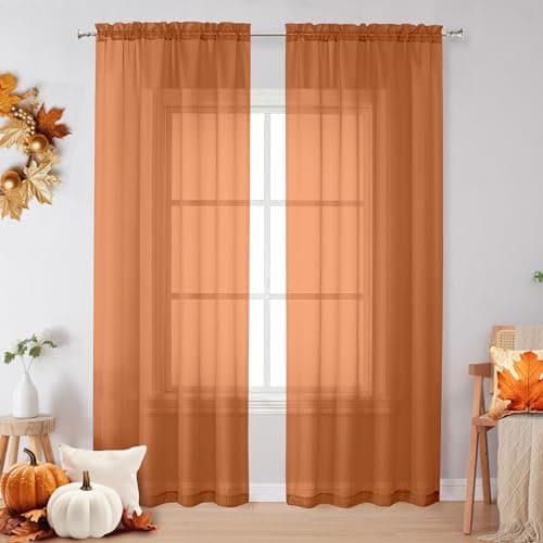 Best Orange Window Curtains #5 from OVZME OVZME Sheer Orange Curtains 84 inch Length 2 Panels Set, Airy Soft-Touching Rod Pocket Voile Drapes for Living Room/Bedroom, Each 42" W x 84" L