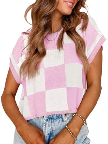 Best Knitted Crop Tops for Summer #4 from Saodimallsu Saodimallsu Womens Cap Sleeve Crop Tops Summer Color Block Going Out Crew Neck Knit Trendy Casual Sweater
