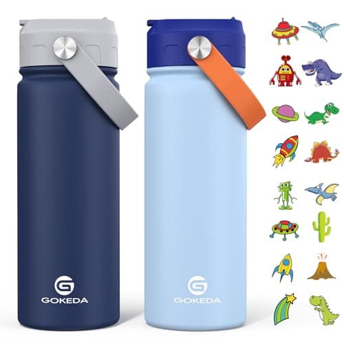 Best Kids Water Bottles #7 from GoKEDA GoKEDA 18oz Kids Water Bottle, 2 Pack Insulated Bottles with Stickers, 18/8 Stainless Steel Vacuum Leak Proof Straw Cup for School, Gifts for Boys(Light Blue, Dark Blue)