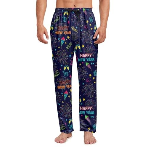 Best New Year Gifts for Men #5 from QUALISM QUALISM Happy New Year Pajama Pants for Men Sleep Lounge Pants Bottoms Funny Pjs Sleepwear Gifts for Men Comfy Loungewear Pjs with Pockets