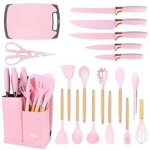 Best Cooking Utensil Sets #1 from XBJ XBJ 19 PCS Silicone Kitchen Utensils Set Non-Stick Cooking Utensils with Knife Set and Holder and Cutting Board, Heat Resistant, Dishwasher Safe, Gift For Cooking/Baking/Women/Family (Pink)