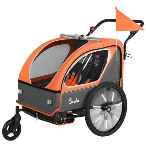 Best Bike Trailers for Kids #8 from Sepnine Sepnine Kids Bike Trailer, 2 in1 Canopy Carrier Converts to Pushcart Suitable for 1 to 2 Toddlers, Kids, Quick Attach to Bike, Foldable, with 5-Point Harness and Storage Bags