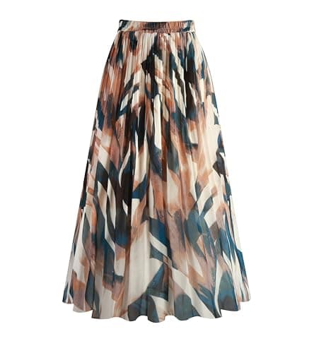 Best Pleated Midi Skirts #6 from Kingfancy Kingfancy Women's Pleated Skirt Chiffon Elastic Waist A-Line Midi Length Skirt Blue Leaves M