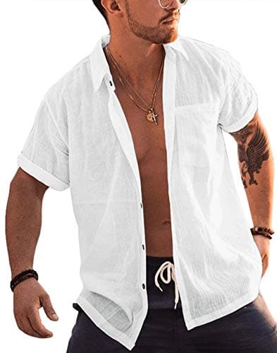 Best Breathable Linen Shirts for Summer #3 from Bbalizko Bbalizko Mens Short Sleeve Button Up Shirts Linen Cotton Beach Tops Spread Collar Plain Summer T Shirt with Pocket White