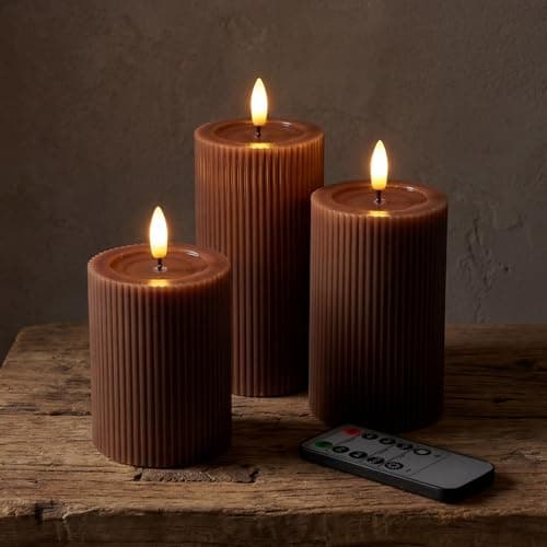 Best Brown Candles #4 from West Ivory West Ivory Fluted Ribbed LED Pillar Candles, Brown, with Reflective Melted-Wax Effect – Flickering Flame, Remote, Dimmable, Flameless, Battery Operated, Home & Wedding Decor (Set of 3)