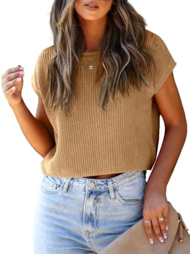 Best Knitted Crop Tops for Summer #5 from LCXWFE LCXWFE Womens Summer Cropped Sweater Vest Trendy Cap Sleeve Crop Tops Crew Neck Loose Knit Tank Top