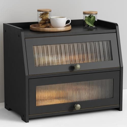 Best Bread Boxes #8 from Goozii Goozii Large Bread Box for Kitchen Countertop, Black Bread Storage Container for Homemade Bread, Double Layer Farmhouse Breadbox Organizer for Kitchen Counter Cabinet, Pantry, Cupboard (Black)