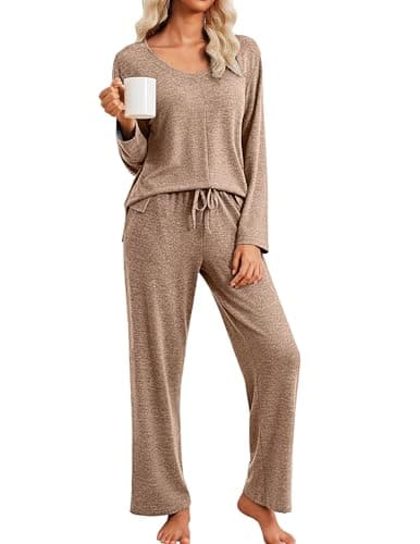 Best Soft Loungewear Sets for Home #1 from Ekouaer Ekouaer Pajamas for Women Set Long Sleeve 2 Piece Lounge Sets V Neck Matching Pjs Soft Sleepwear Fall Winter Brown M