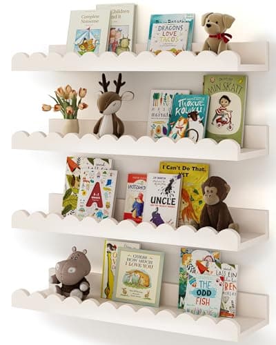 Best Kids Bookshelf for Walls #7 from Shario Shario Nursery Book Shelves, 4-Pack White Floating Shelves for Wall Kids, Scalloped Shelves, Wall Book Shelves for Bedroom Kids, Toddler Room, Baby Room, Nursery Decor