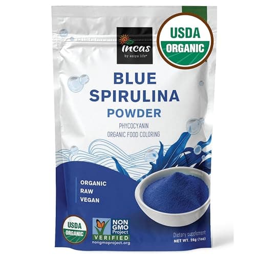 Best Spirulina Powders #3 from Incas by Asiya Life USDA Organic Blue Spirulina Powder (Phycocyanin Extract), No Fishy Smell, 100% Vegan Protein from Blue-Green Algae, 28 Servings, Natural Food Coloring for Smoothies, Baking & Drinks (1 Ounce)