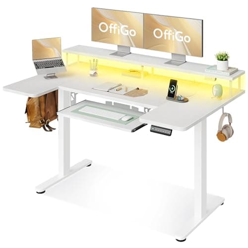 Best Standing Desks #3 from OffiGo OffiGo U Shaped Electric Standing Desk with Keyboard Tray, 55 Inch Height Adjustable Desk with Power Outlets & LED Lights, Sit Stand Table with Monitor Stand for Home, Office, White