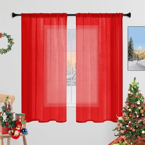 Best Red Window Curtains #10 from Laseniewa Laseniewa Sheer Curtains 45 Inches Long 2 Panels, Rod Pocket Short Curtain for Kitchen, Bedroom, Cafe Window(Red 38" W x 45" L)