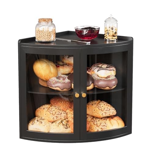Best Bread Boxes #5 from Trironsun Trironsun Bamboo Corner Bread Box for Kitchen Counter with Acrylic Transparent Door Large Capacity Bread Holder Double Layer Bread Storage Container for Homemade Bread (Black)