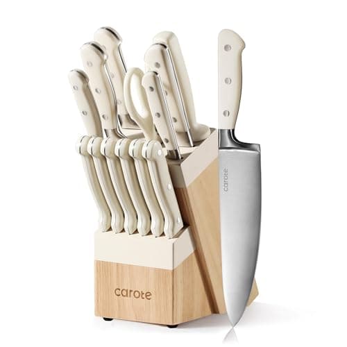 Best Knife Sets #2 from CAROTE CAROTE 14 Pieces Knife Set with Block, Forged, High Carbon Stainless Steel Sharp Blade Block Knife Set, Dishwasher Safe Cutlery, Cream