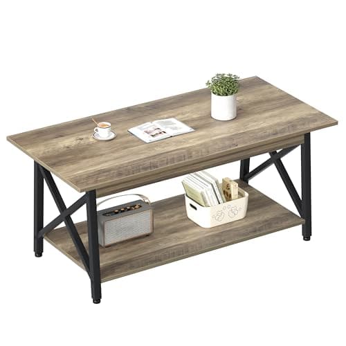 Best Coffee Tables for Living Room #3 from GreenForest GreenForest Coffee Table with Storage, 39inch Modern 2-Tier Coffee Tables for Living Room, X-Frame Design Farmhouse Coffee Table Space Saving Living Room Small Tables, Easy Assembly, Grey Wash