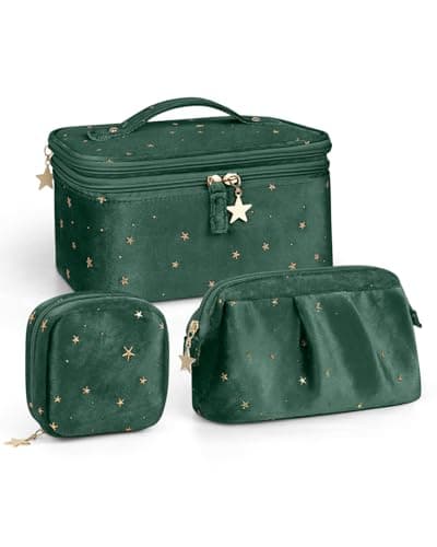 Best Green Makeup Bags #3 from Wedama Wedama Makeup Bag, Double-layer Cosmetic Bag with Jewelry Storage and Brush Holders 3 Pcs Velvet Makeup Bag Set Travel Makeup Organizer Bags Cosmetic Case Toiletry Bag for Women Girls, Dark Green