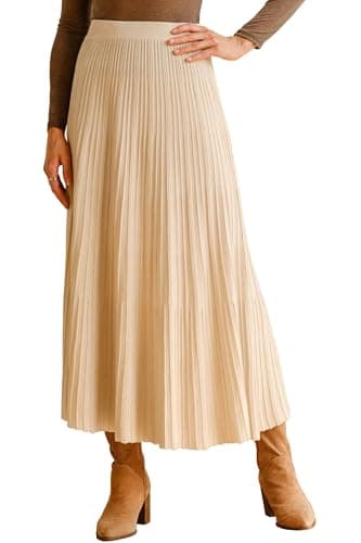 Best Pleated Midi Skirts #5 from Arach&Cloz Arach&Cloz Womens Wool Blend Fall Winter Elastic Waist Pleated A-Line Knit Maxi Midi Dress Long Skirts Flowy Casual Teacher Western Travel Country Concert Outfits Apricot L