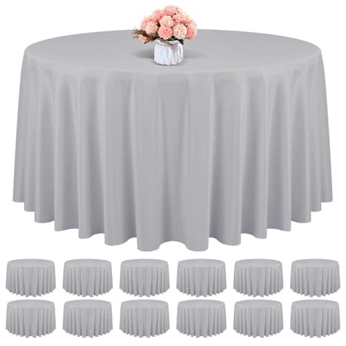 Best Grey Tableclothes #7 from REWOMC 12 Pack Round Tablecloth 120 Inch - Light Grey Polyester Table Cloth for Round Table, Premium Light Grey Tableclothes Washable Fabric Cover for Wedding Party Banquet Restaurant Reception Dining