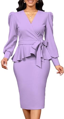 Best Peplum Dresses for Women #5 from sexycherry sexycherry Light Purple Dresses for Women Elegant Wrap V Neck Long Puff Sleeve Ruffle Peplum Business Formal Wear to Work Dress (Large)