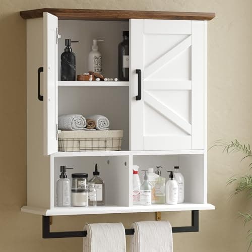 Best Bathroom Cabinets #8 from Hawkrown Hawkrown Farmhouse Bathroom Wall Cabinet with Adjustable Shelves & Towel Racks, White Wall Mounted Medicine Cabinet, Over The Toilet Storage Cabinet for Bathroom, Kitchen, Laundry Room