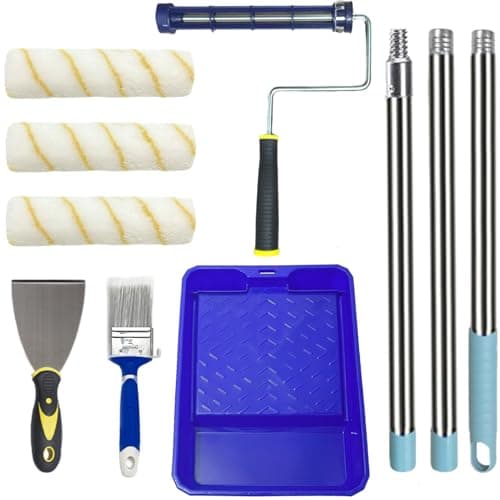 Best Paint Roller Sets #1 from CHSCIENCE Paint Roller Kit - Set with 2" Paint Brush, Heavy-Duty 9" Paint Roller Frame, 48" Adjustable Extension Pole, Paint Roller Covers x3, 11" Sturdy Paint Tray,3" Putty Knife - Painting Tool Set