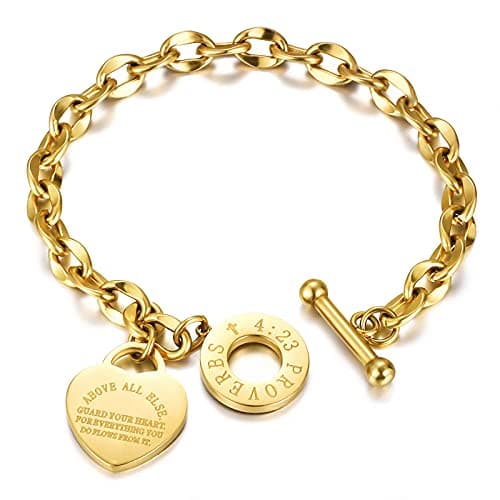 Best Charm Bracelets for Women #6 from Emibele Emibele Heart Charm Bracelet for Women, Bible Verse Bracelets Stainless Steel 18K Gold Plated Bracelet Love Pendant Link Chain OT Clasp, Birthday Christmas Jewelry Gift for Mother Her, Gold