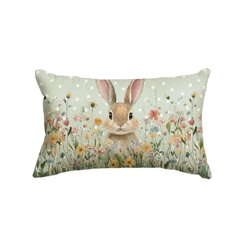 Best Easter Pillow Covers #4 from AVOIN colorlife AVOIN colorlife Easter Bunny Wildflowers Throw Pillow Cover, 12 x 20 Inch Polka Dot Cushion Case Decoration for Sofa Couch